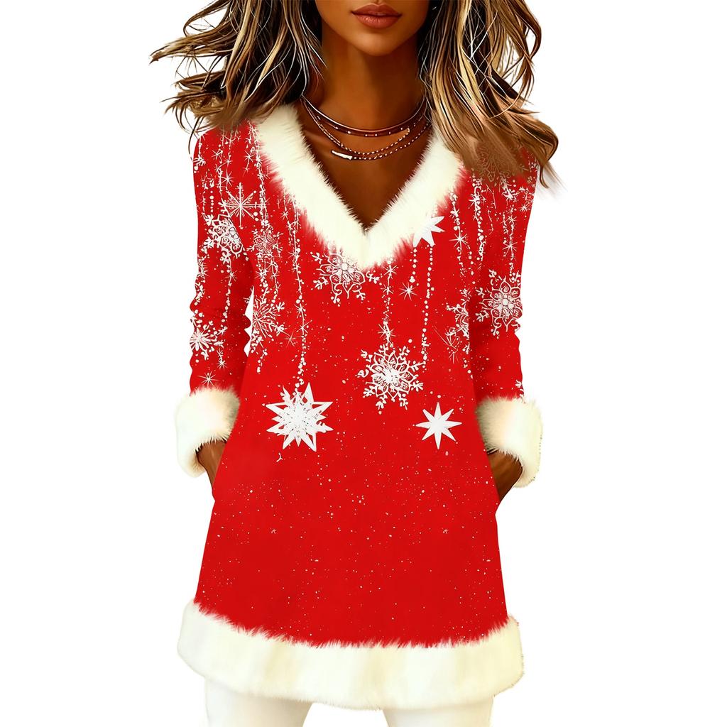 Women's Christmas Fashion Plush V-Neck Pullover Printed Long-Sleeved Top