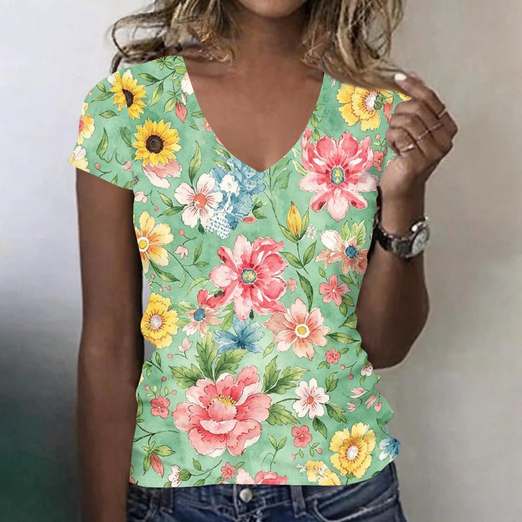 Women V Neck Short Sleeve Floral Print T Shirt Casual Lightweight Top Summer Blouse Soft Fabric Comfortable Fit