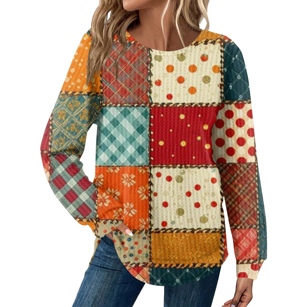 Women's Plaid Print Round Neck Long Sleeve Casual Loose Top