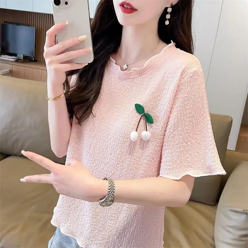 

Summer Korean Fashion Loose Short Sleeve T-shirt Solid Round Neck Casual Versatile Short Top M