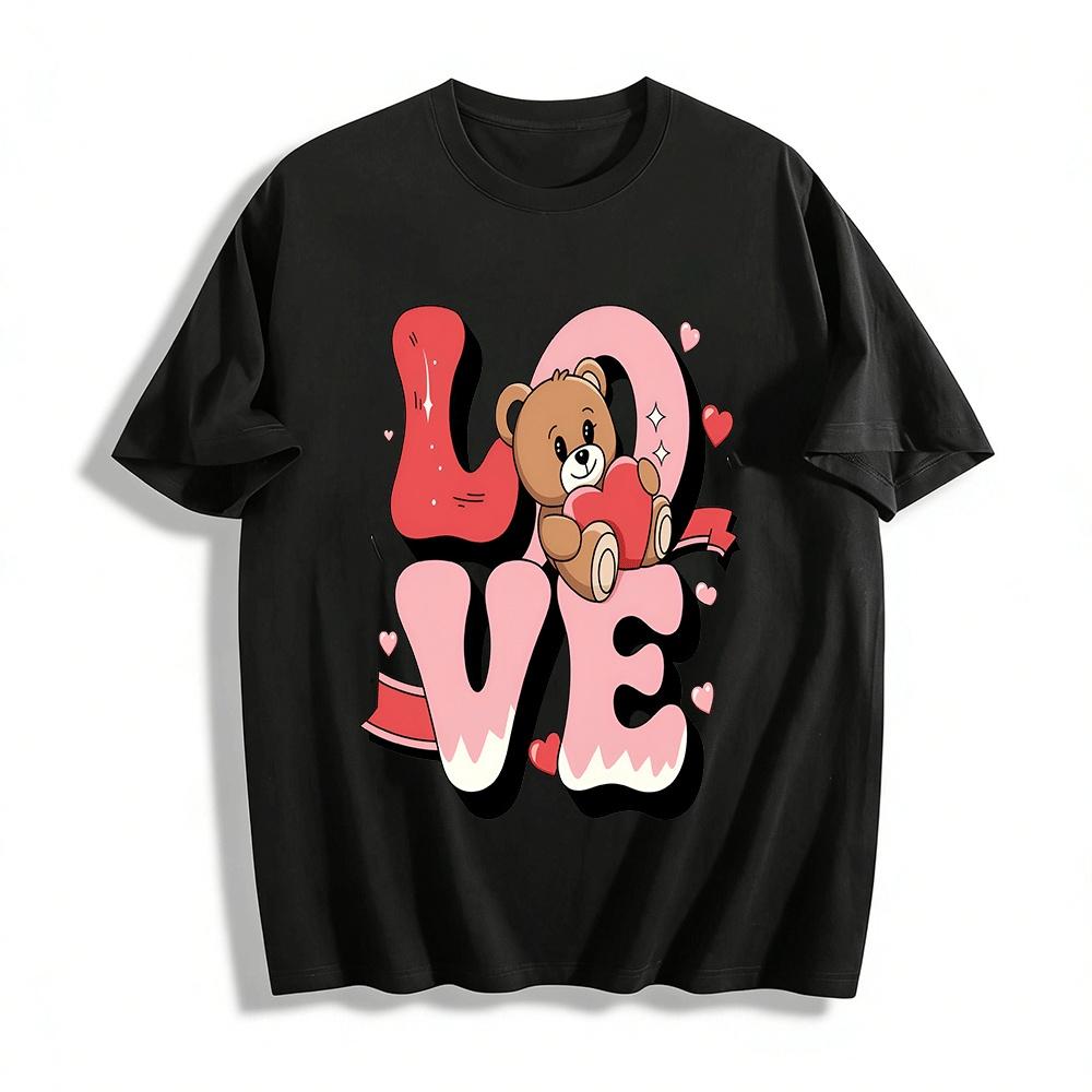 

Love Bear Letter Print Couple Tshirt Casual Loose Short Sleeve Top Pure cotton T-shirt XXS