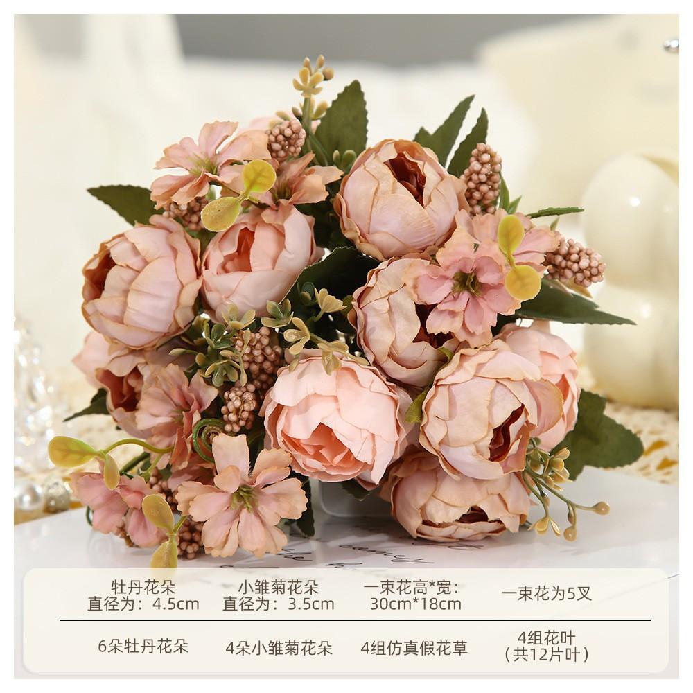Blush Pink Artificial Peony Bouquet, Fake Silk Flowers with Greenery for Home Wedding Decor