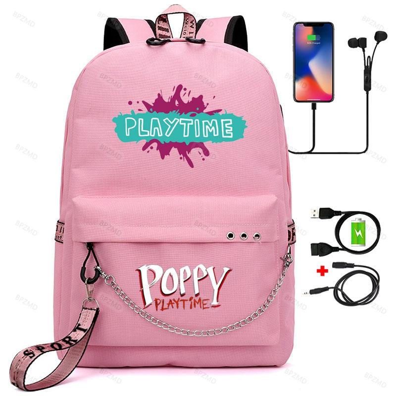 Game Poppy Spielzeit-Rucksack, Teenager-Mädchen, Huggy Wuggy, Schulrucksack für Damen mit USB-Aufladung, für Studenten, Laptops, Reisen, Segeltuchtaschen