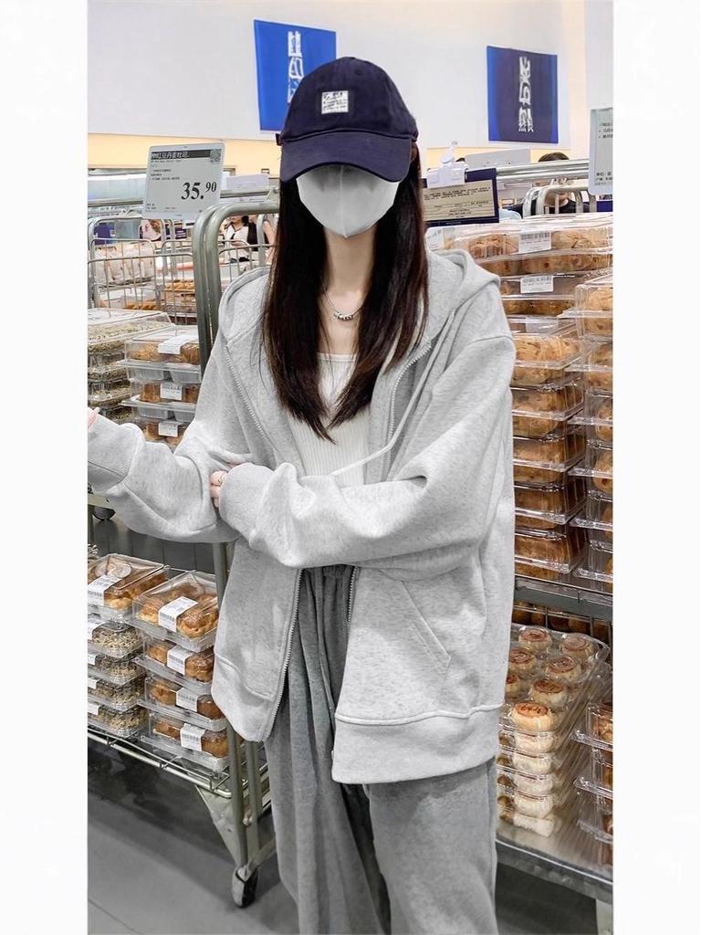 Women's American Style Fleece-Lined Hoodie - Silver Fox Zipper Jacket for Autumn/Winter