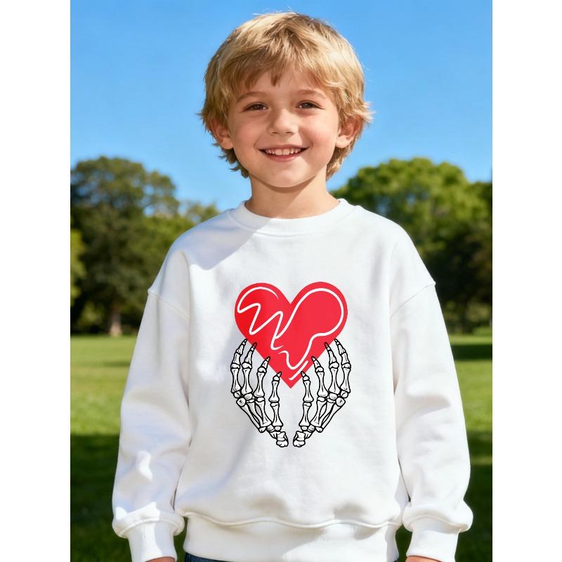 A Casual Unisex Sweatshirt for Kids Featuring a Design of Skeleton Hands Holding a Red Heart, Available in Black, White 110 белый