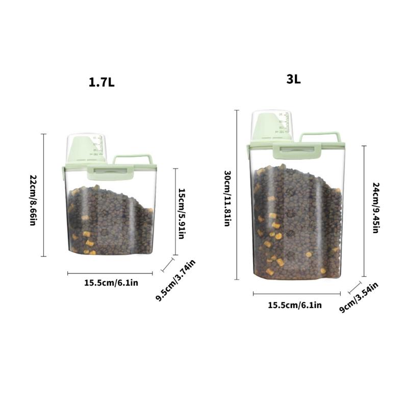 Transparent Plastic Pet Food Storage Box With Measuring Cup And Secure Handles Great For Travel and Home Indoor Use