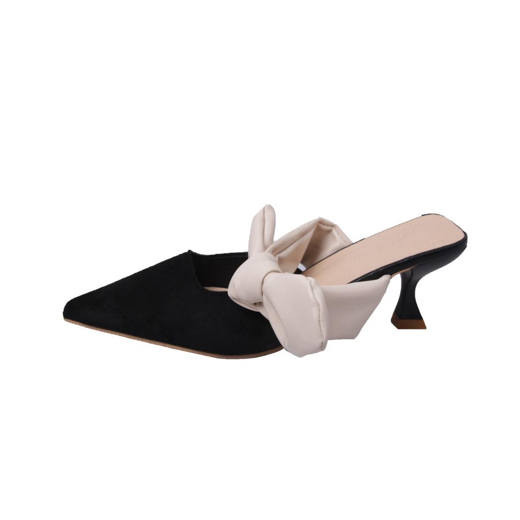 Fashion Hot Selling 2025 Summer New Korean Style Bow Bag Heel Half Drag Fine Track Sandals Women's Shoes Silver Ultrafine Fiber
