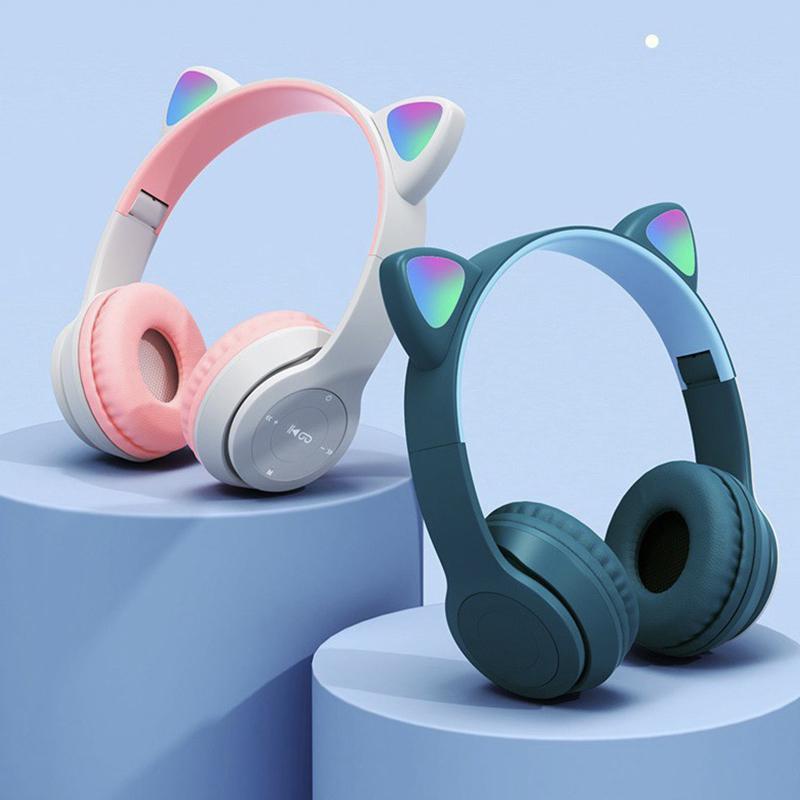 Cute Cat Ear Bluetooth Compatible Headset With Led Wireless Headset Children Girls Stereo Folding Sports Headset With Microphone