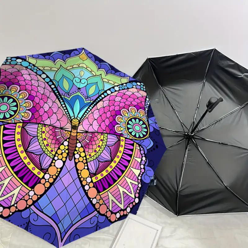 Colorful Butterfly Mandala Automatic Opening Folding Umbrella - Portable 3-Fold Design with 8-Bone Steel Frame, Perfect for Festivals, Trave