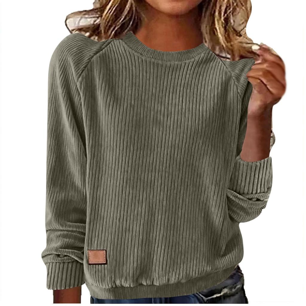 Women's Corduroy Round Neck Raglan Long Sleeve Pullover Top Color Casual