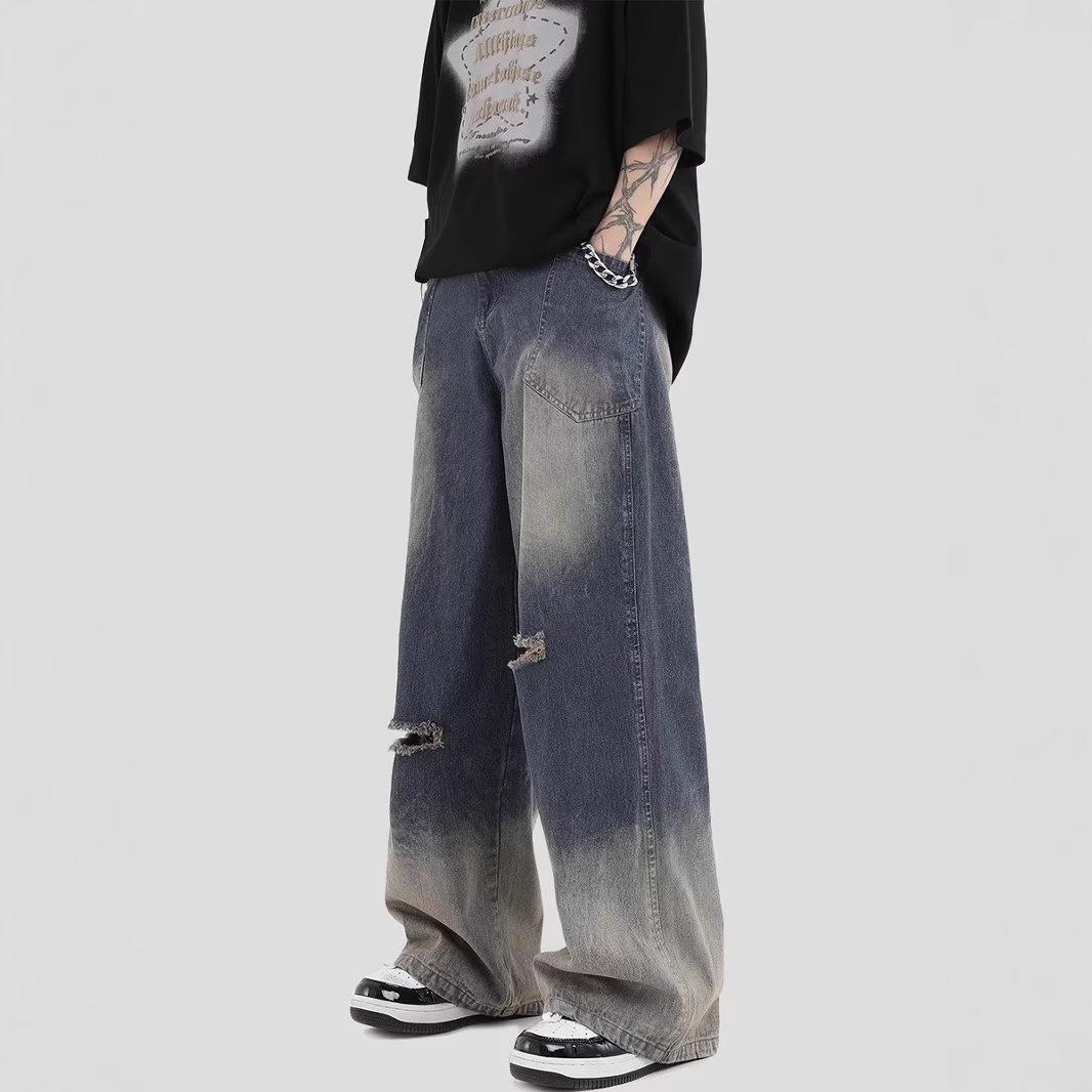 

American Retro Yellow Mud-Dyed Men s Loose Straight Jeans XXXL синій