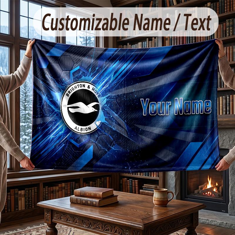Custom Name Flannel Throw Blanket Brighton & Hove Albion Football Pattern Warm Home Decoration