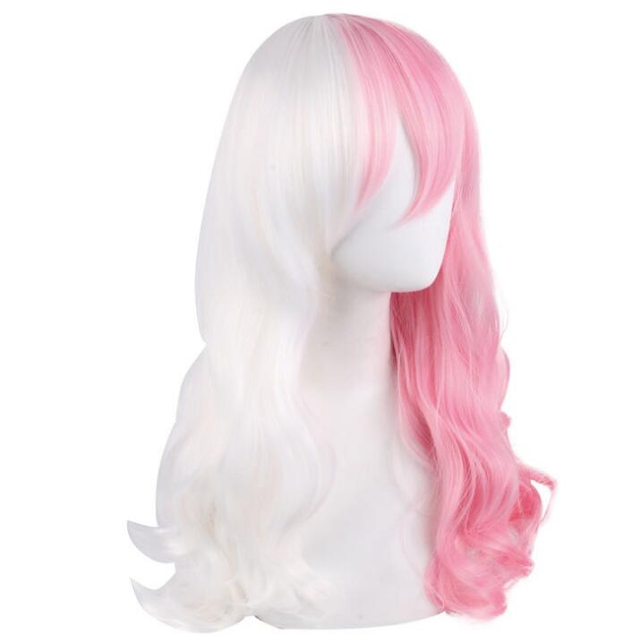 Women Long Wave Curly Wig Cosplay Danganronpa Monomi Costume Dangan Ronpa Heat Resistant Synthetic Hair White Pink Wigs
