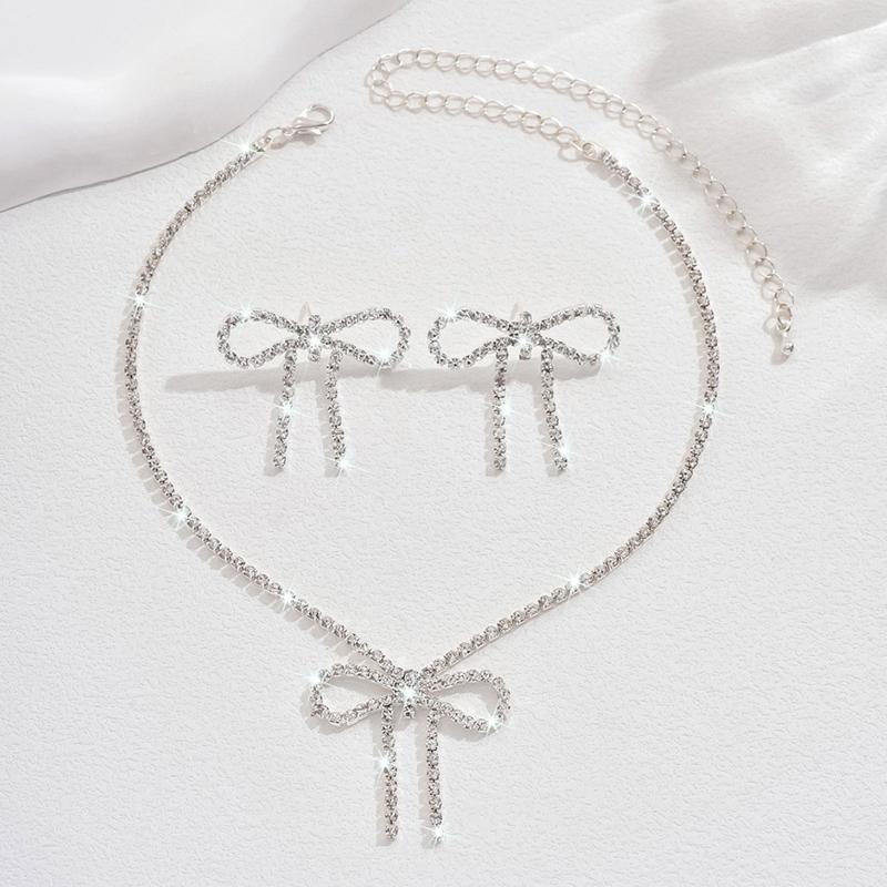 1Set Elegant Shiny Bow Earrings Necklace Set For Women Girls Vintage  Necklace Earrings Jewelry Accessories Gifts
