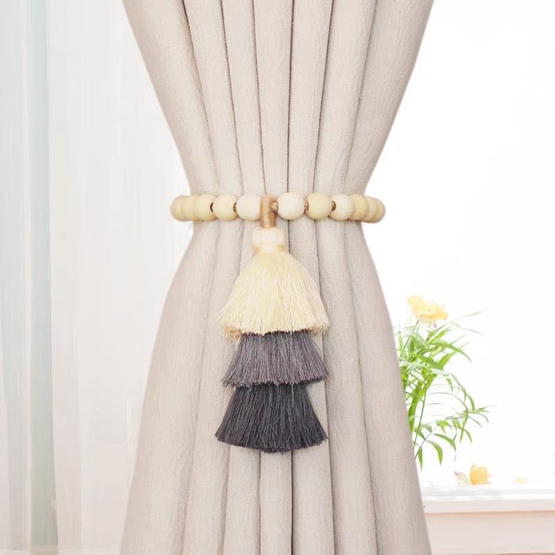 2Pcs Bohemian Curtain Clasp Wooden Bead Magnet Curtain Tie Backs With Tassel For Bedroom And Living Room Home Decoration