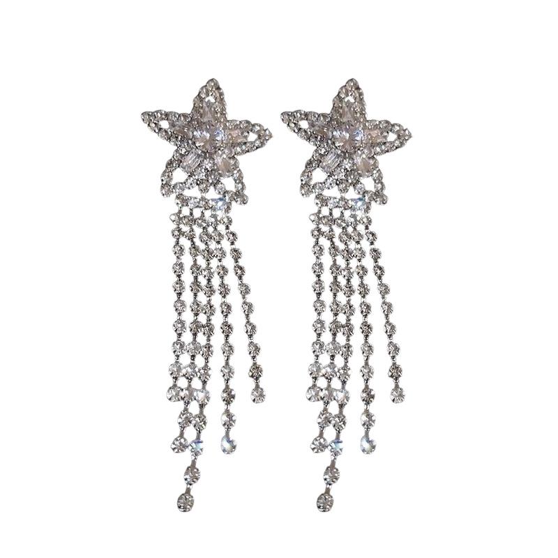 Zirconia Five-Pointed Star Tassel Stud Earrings, Elegant Korean Light Luxury High-End Jewelry
