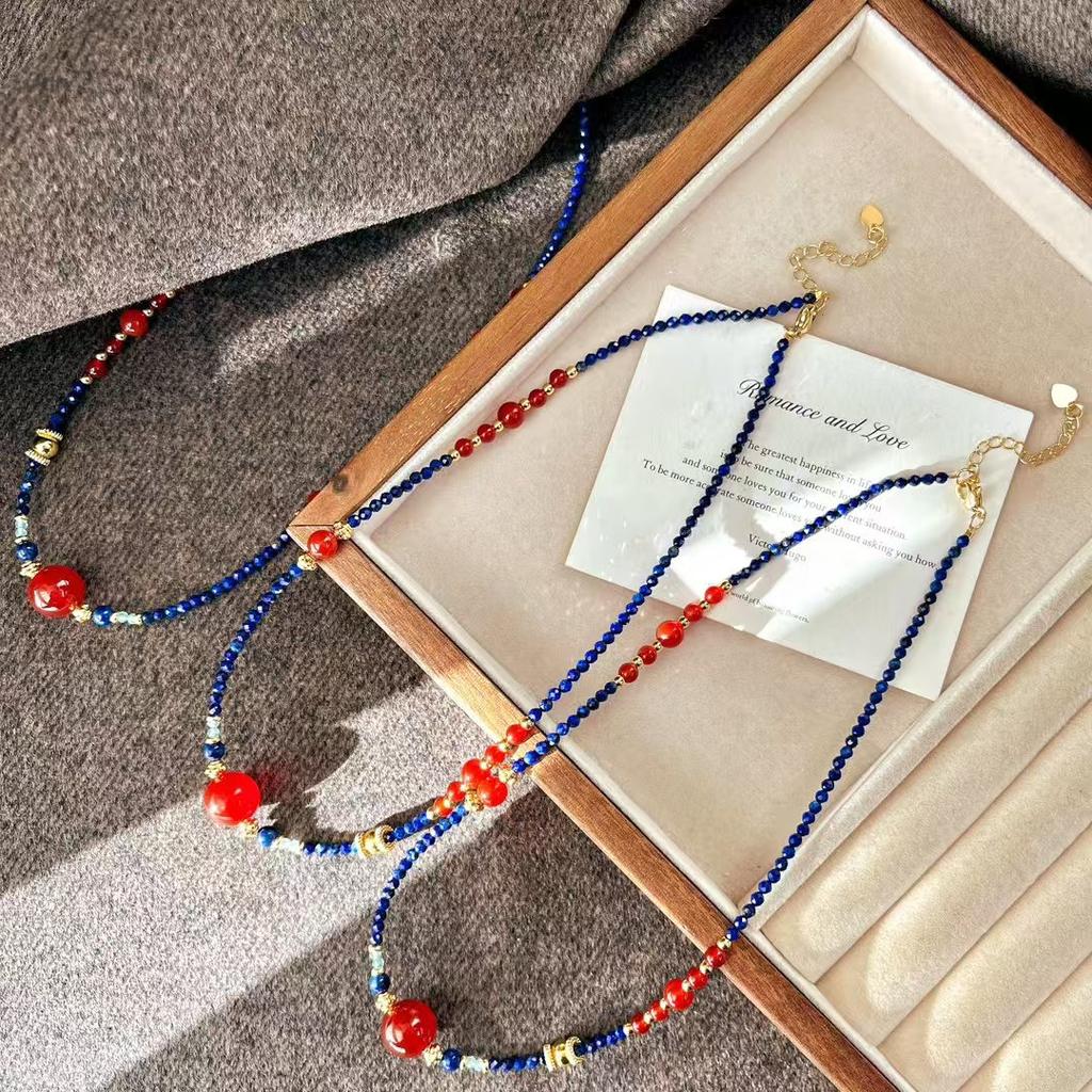 Natural Lapis Lazuli Chalcedony Agate Contrasting Necklace Collarbone Chain Sweater Chain