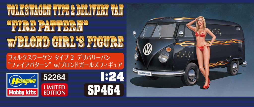 Hasegawa Volkswagen Typ 2 Lieferwagen Feuermuster mit blondem Mädchen Figur Plastikmodell SP464 1/24