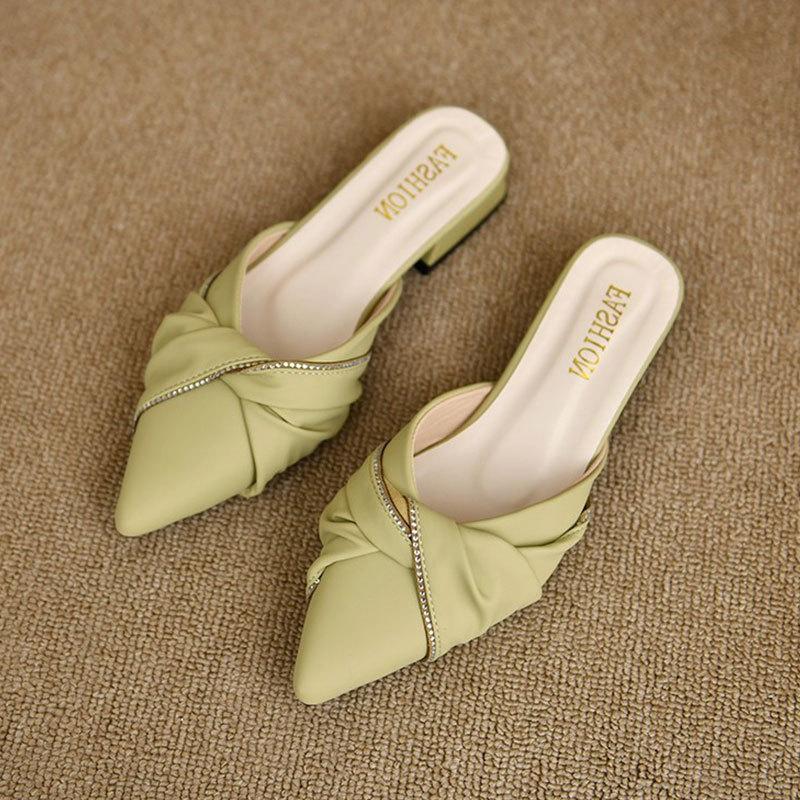 

Остроносые толстые каблуки на плоской подошве крутые тапочки полуподдержка одинарная обувь женская летняя обувь 2025 новая летняя обувь сумка голова полутапочки 40 светло-зеленый