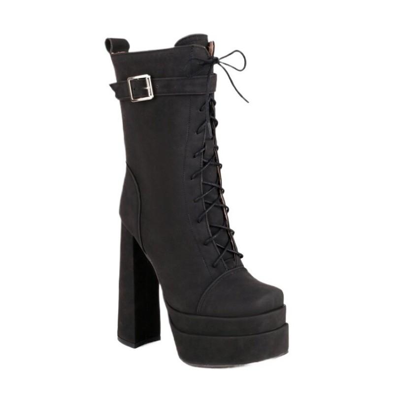 Womens Plus Size Chunky Heel Ankle Boots In PU Leather Square Toe Side Zipper Fashion Winter
