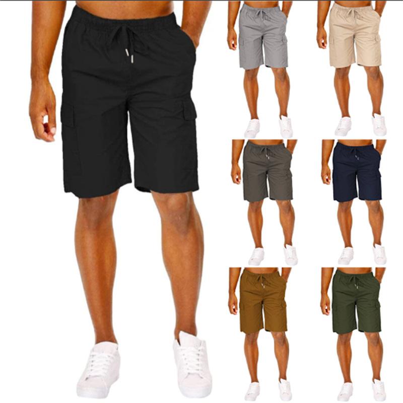 Men's Classic Workwear Drawstring Loose-Fit Solid-Colour Multi-Pocket Fashion Shorts