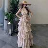 Seaside Vacation Dingdal Skirt Cake Skirt Pink Floral Neck Halter Dress Island Beautiful Beach Dress