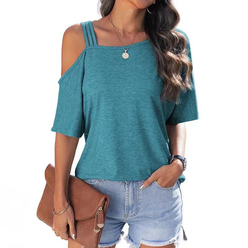 Women's Clothing European and American Cross-Border Summer New Loose Casual One-Shoulder Off-The-Shoulder Loose Short-Sleeved Women's T-Shirt