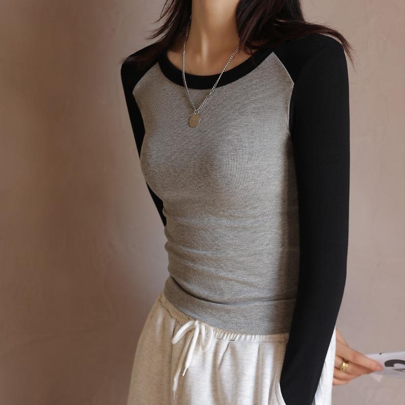 Women's Autumn and Winter Splicing and Color Collision Thread Round Neck Long Sleeve Top