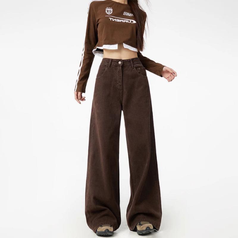Women s Khaki Wide-Leg High-Waisted Jeans - 2025 Spring/Autumn Trendy Floor-Length Straight Pants Small