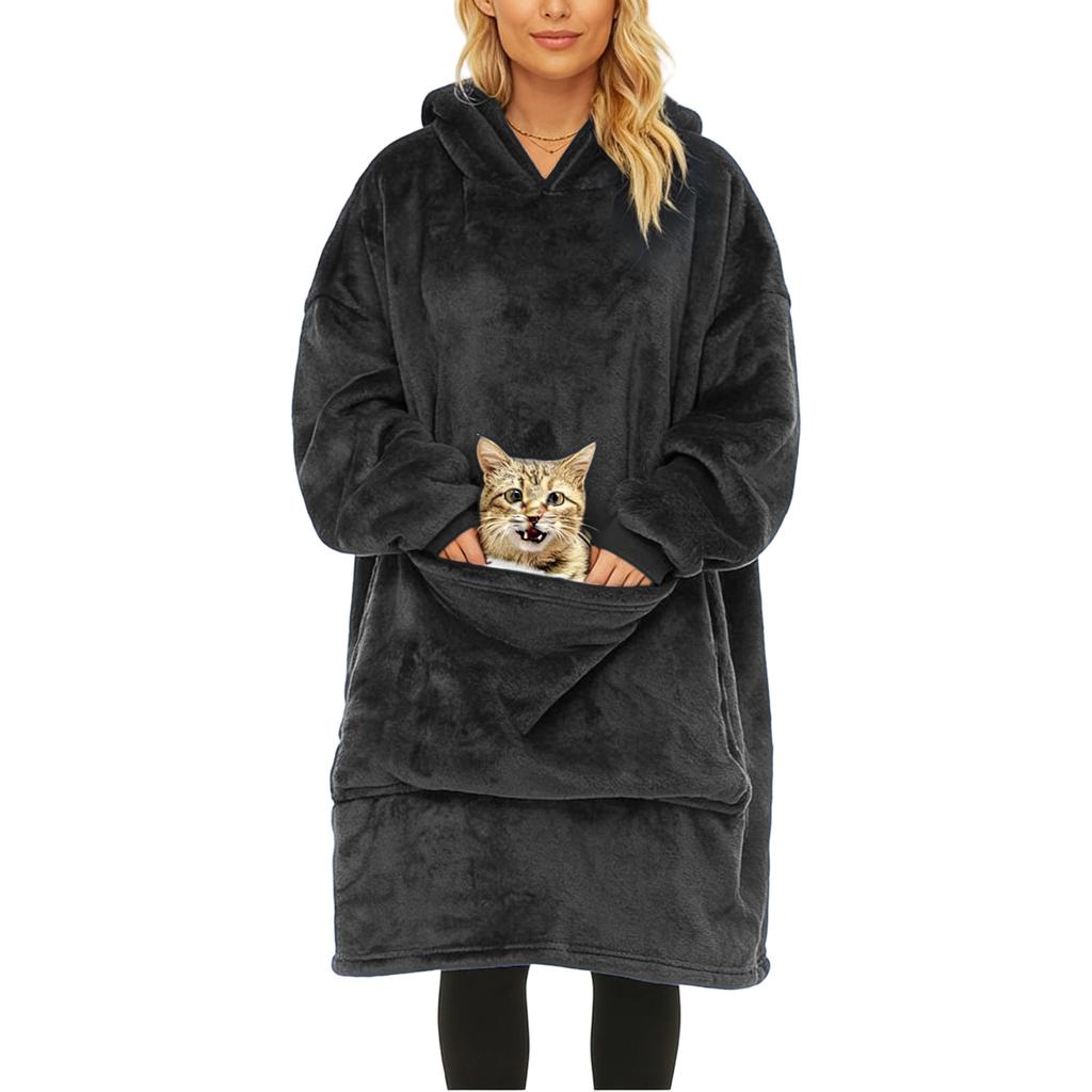 Pyjama/Bademantel aus Flanell mit tragbarer Decke - Kapuze, extra großer, weicher und warmer Kapuzenpullover aus Lammwolle mit extra großer Haustiertasche.