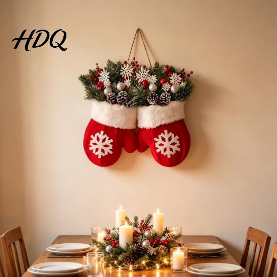 Farmhouse Style Christmas Door Hanger Mitten/Stocking Wreath Decorative Artificial Wreath with Berries Pine Cones Floral Branches Holiday