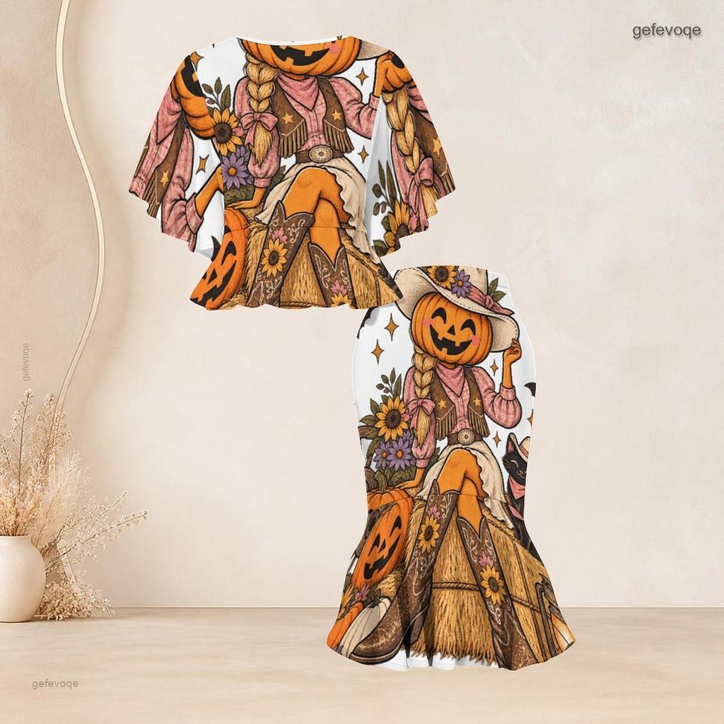 Women Plus Size Round Neck Halloween Printed Batwing Sleeve Ruffle Hem Top Fishtail Skirt Two Piece Set