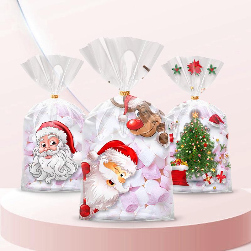 50pcs Reusable Christmas Gift Bags with Golden Ribbon - Santa/Reindeer/Trees/Holly/Candy Canes Patterns, For Christmas