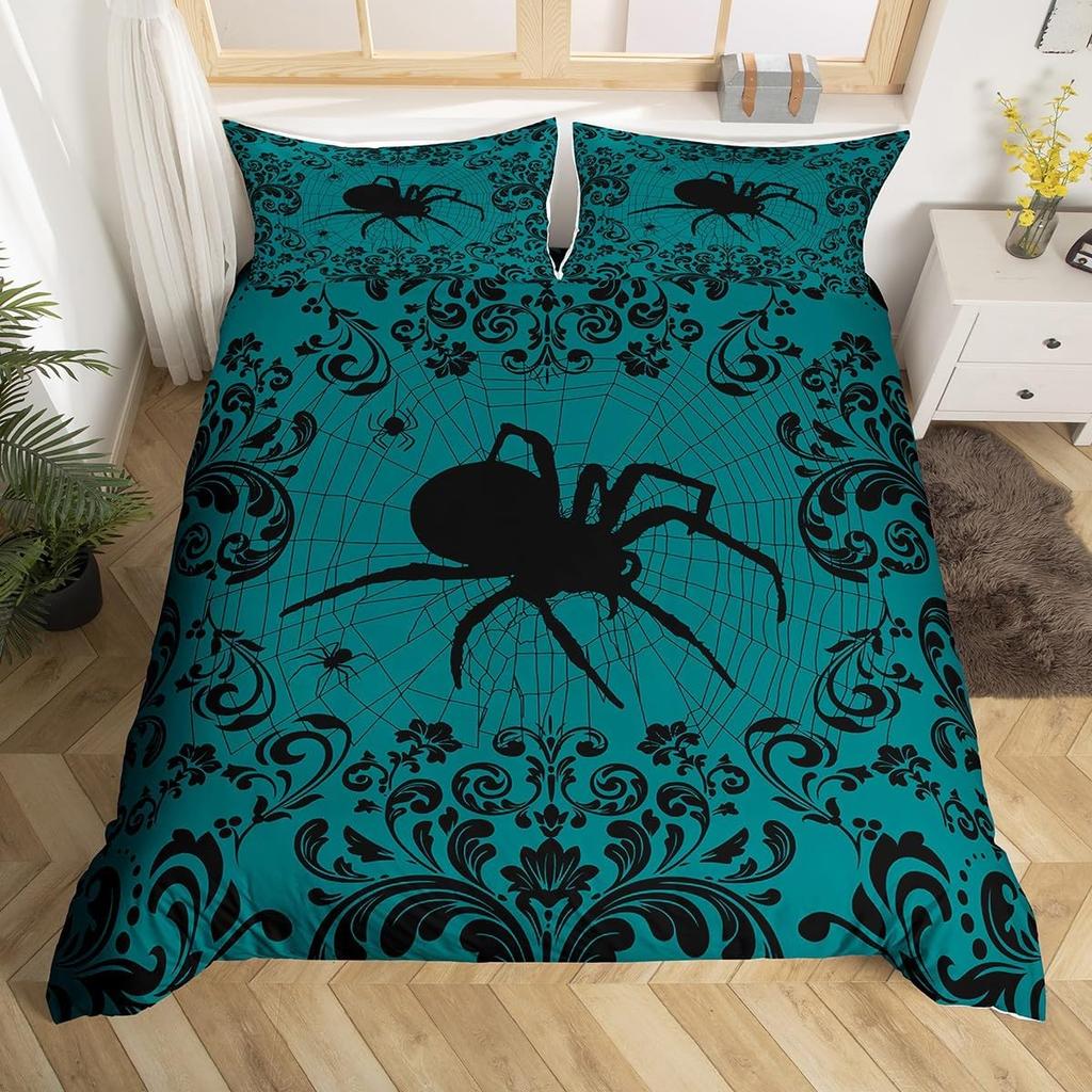 Black White Spider Web Duvet Cover Queen Halloween Gothic Bedding Set for Boys Adults Room Decor Hippie Floral Comforter Cover