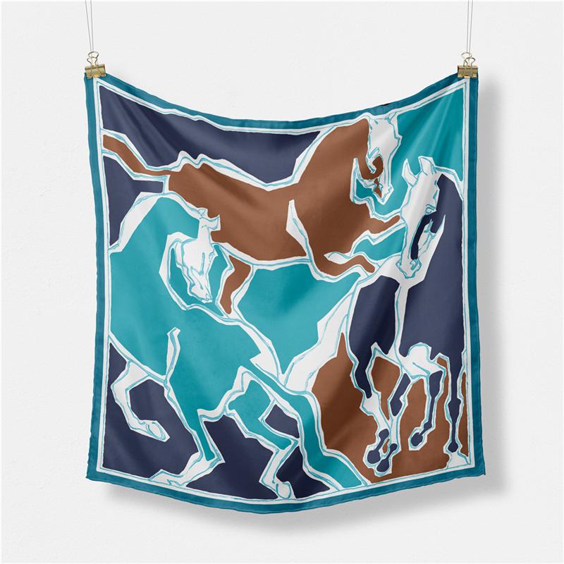 

Twill Silk Scarf Woman Three Horse Print Square Scarves Wraps Bandana Small Hijab Foulards Lady Tie Headband Neckerchief 53CM 53CM x 53CM