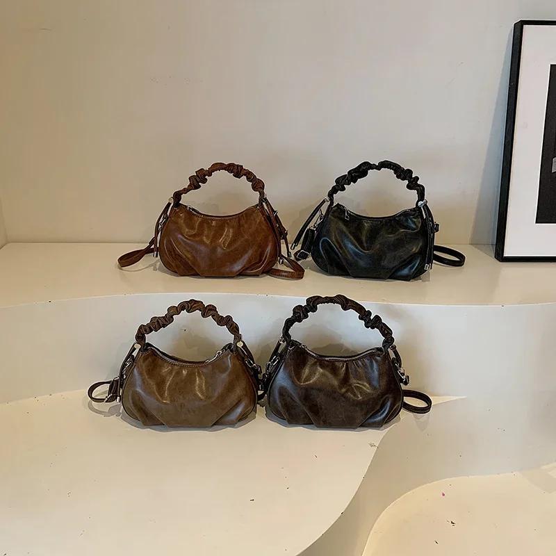 Solid PU Zipper High-end Retro Niche Armpit Crossbody Bag for High-quality Women  Fashionable and Versatile Shoulder Bags