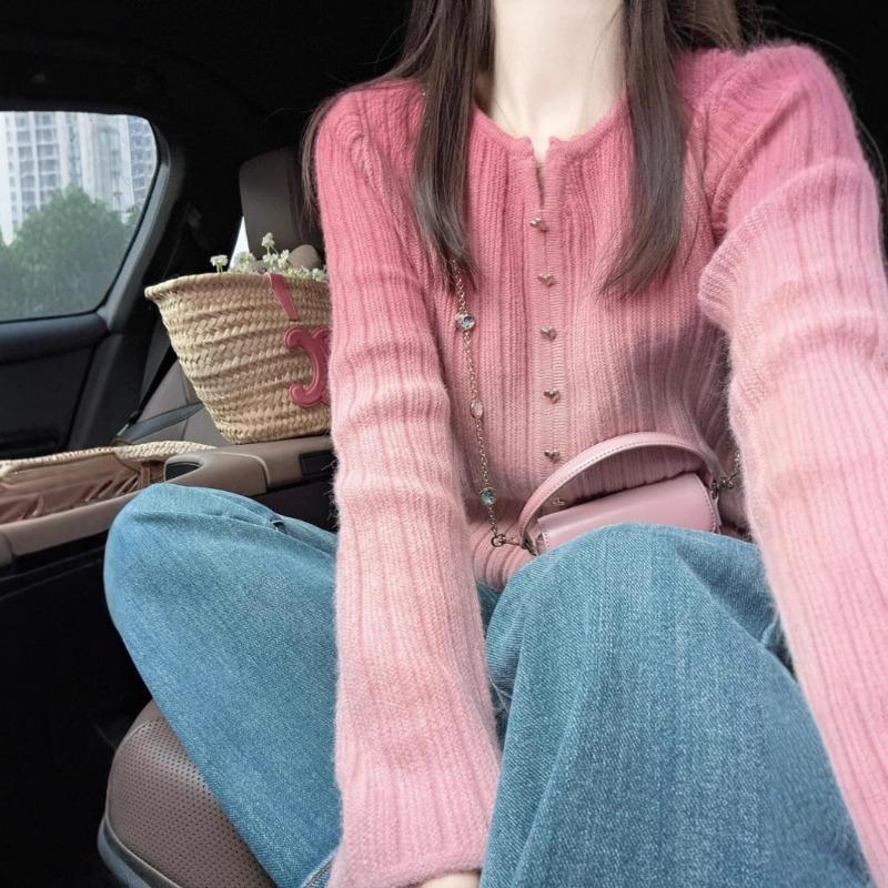 Pink High-end Knitted Sweater for Women Early Autumn New Korean Style Top with Chic Design