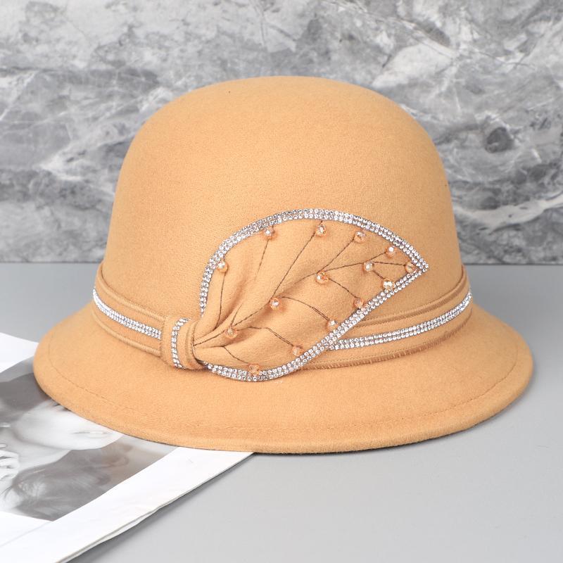 Casual Dome Short Brim Basin Hat Women's Diamond Bucket Hat Autumn and Winter Woolen Top Hat Women's British Style