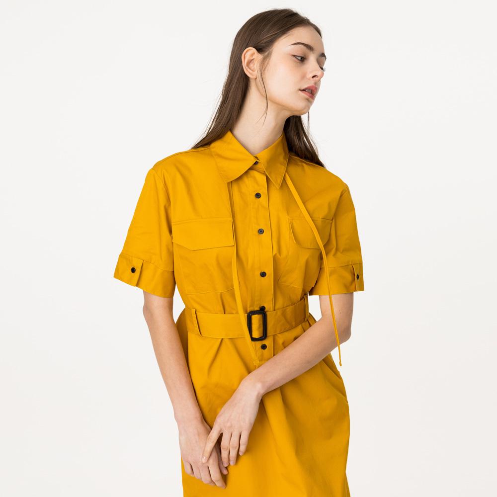 Bunderghost Shirt Collar Short Sleeve String Long Dress Mustard