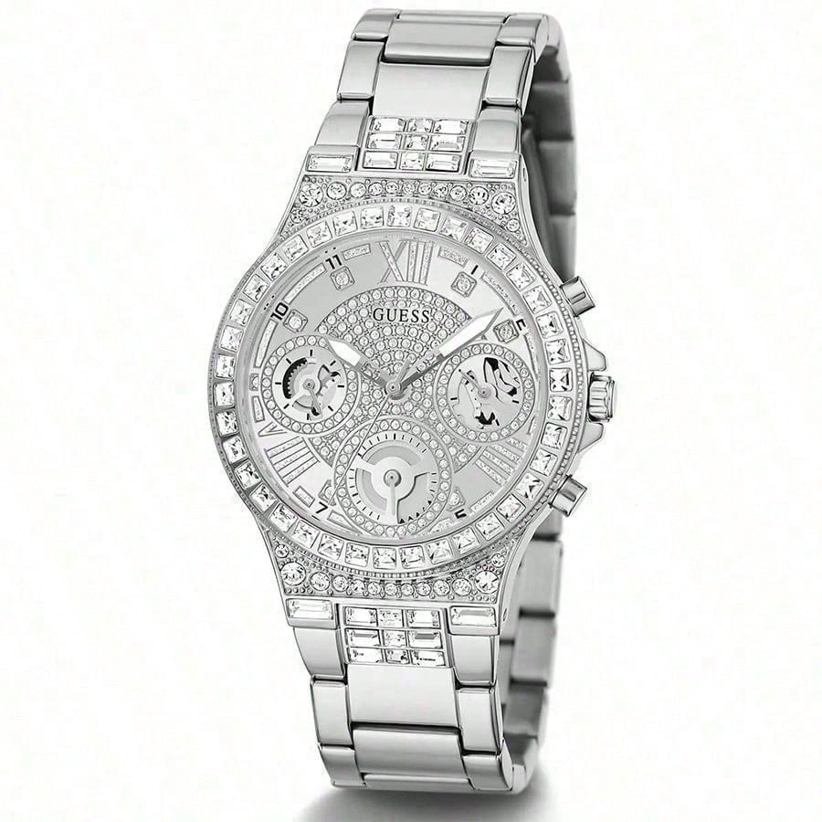 

Guess Ladies Quartz Watch - Crystal Inlaid Rose Gold Dial Stainless Steel Strap | Elegant Luxury Daily/Date Gift GW0320L1
