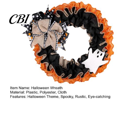 Spooky Door Wreath 15 Inch Halloween for Front Door, Rustic Ruffle with Home Decoration Ghost And Burlap Bow Fireplace Walls Windows Gothic