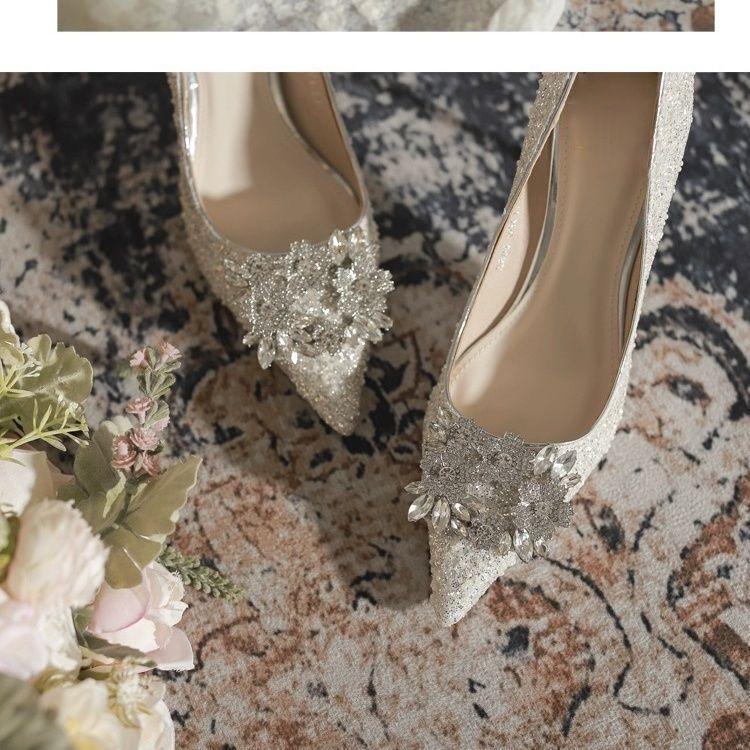 Main Wedding Dress Silver Bridal Wedding Shoes New Stiletto Sequins Engagement Not Tired Feet Crystal Shoes High Heels Rhinestones