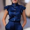 Women Satin Blouse Stand Collar Ruffle Sleeve Button Down Shirt Office Workwear Elegant Silky Top