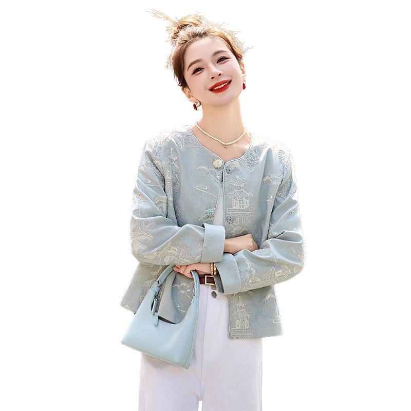 Spring 2025 Women's Embroidered Round Neck Jacket - High-End Chinese National Style, YE6351