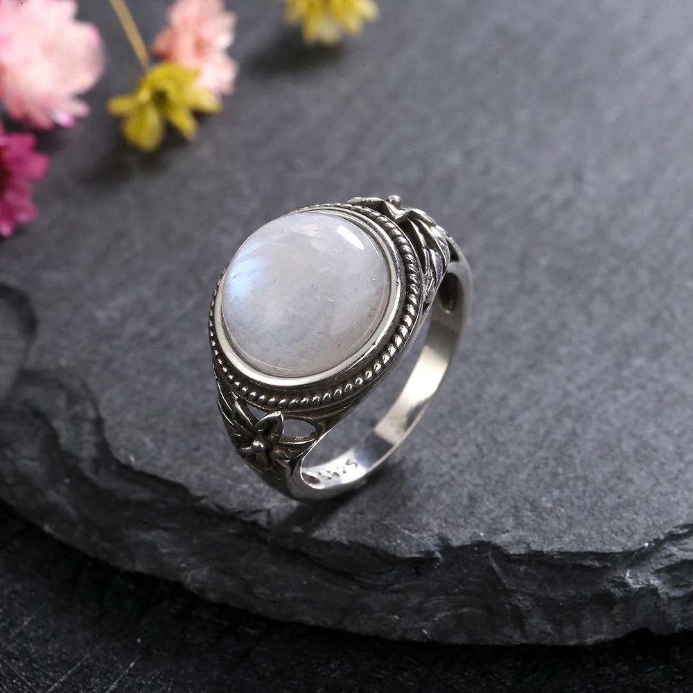 Newest Retro Flower S Silver Natural Moonstone Rings for Women Zircon Fine Party Wedding Birthday Gift
