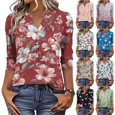 Moda Feminina Casual Retrô Floral Decote V Botão Decorativo Manga Três Quartos Camiseta Top