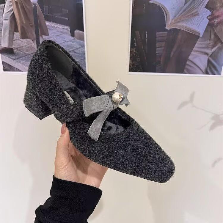 French Thick Heel Gray Single Shoes with Skirt Evening Shoes Women's Shoes 2025 Autumn and Winter Plush Mary Jane Fluffy Shoes