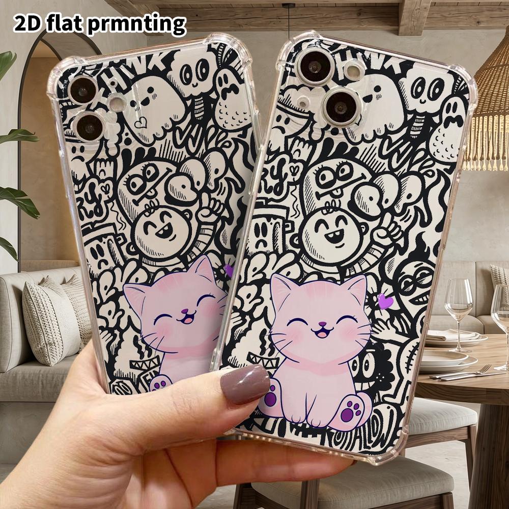 Phone Case: 2D flat suitable for iPhone 18 17 16 15 14 13 Pro, transparent four corner protective case, smiling kitty, Christmas and Halloween gift