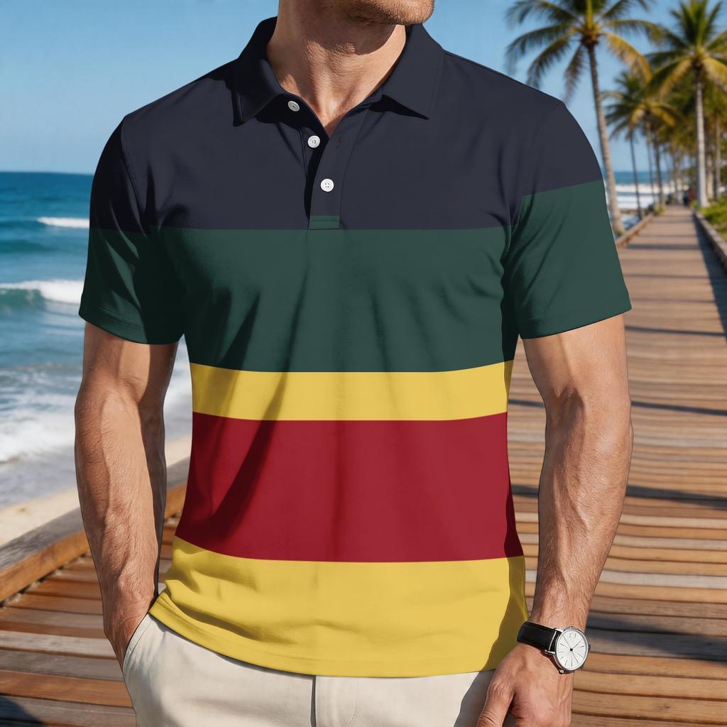 Men’s Loose Fit Striped Print Polo Shirt Short Sleeve Casual Turn Down Collar Lightweight Top for Everyday Wear