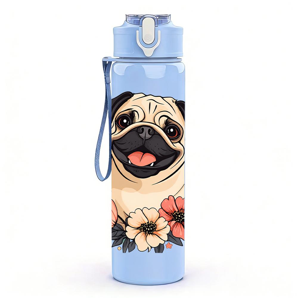 1 PZ Carino Carlino Circondato da Fiori 750ml Bottiglia d'Acqua Sportiva in Plastica Colorata Tappo con Cannuccia a Flip Anti-perdita Adatta per Sport Ufficio Uso Domestico